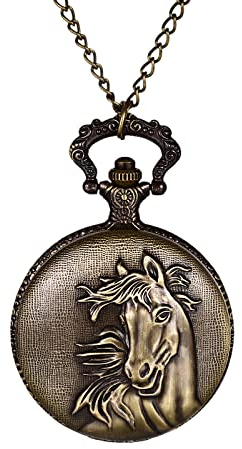 JewelryWe Taschenuhr Herren Vintage Pferd Kettenuhr mit Arabischen Ziffern Retro Analog Quarz Uhr Anhänger mit Halskette Kette für Damen Männer Bronze