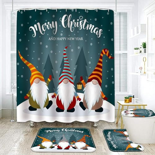4-teiliges Weihnachts-Duschvorhang-Set, Weihnachts-Badezimmer-Set, WC-Sitzbezug, Teppich, Schneemann, Zwerg, rustikaler Baum, Weihnachtsmotiv, Badewanne, Raumdekoration, niedliche Urlaubsdekorationen