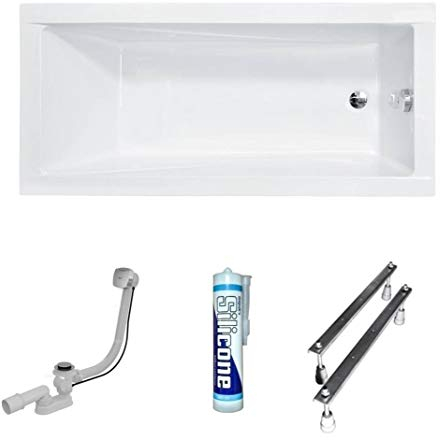 ECOLAM® Badewanne Wanne Rechteck Modern 160x70 cm Design Acryl weiß + Ablaufgarnitur Ab- und Überlauf Automatik Füße Silikon, Rechteckbadewanne mit antibakterieller Beschichtung