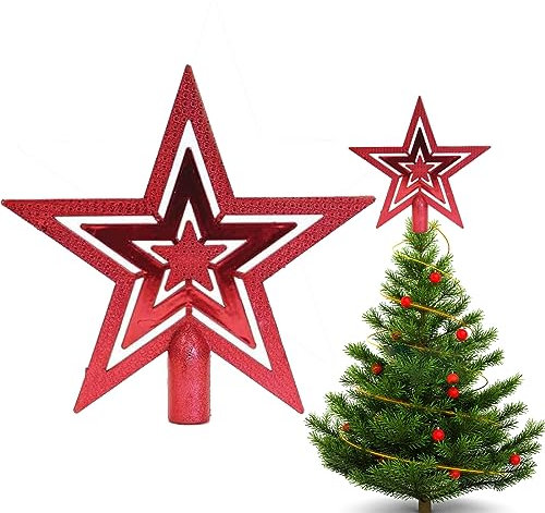 Christbaumspitze Stern Verzierung, Weihnachtsbaumspitze Glitzer-Stern,Christbaumspitze für Jede Baumspitze - Weihnachtsstern bruchsicher (Rot)