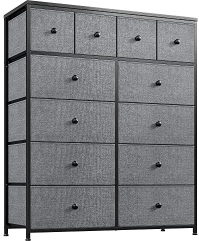 EnHomee Chest of Drawers, 5-Tier 12 Drawers, Tall Chest of Drawers Bedroom, Dressers Fabric Drawers for Bedroom Storage Living Rooms, Closets, Grey