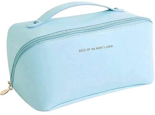 ZKSXOA 1pcs Grande Trousse de Maquillage, Trousse à Maquillage Voyage avec Poignée, Étanche Portable Trousse de Rangement Toilette Femme, Sac à Cosmétiques en Cuir PU Pochette Cosmetique Grande,Bleu