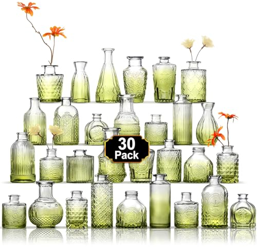 Arme Knospenvasen-Set mit 30 Stück, grüne Vasen aus Glas, Knospenvasen in Großpackung, kleine Vasen für Tafelaufsätze, Mini-Blumenvasen-Set, niedliche Vintage-Glasvasen, Set für Blumen, Hochzeit,