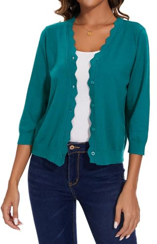 MINTLIMIT Ladies V Neck Jumpers Soft Cardigan Women 3/4 Sleeves Sweaters Casual (Green L)