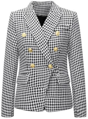 KAMISIGA Costume pour femme motif pied-de-poule - Couleur unie - Veste courte à double boutonnage - Style décontracté - Manches longues - Blazer cardigan avec poche, pied-de-poule, 40