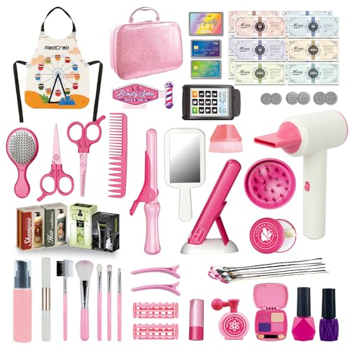 RedCrab Friseur- und Schminkkoffer Beauty Set für Mädchen, 55 Stücke Schmink und Frisierkoffer Kinder mit Haarzubehör, Föh mit Geräusch, Haarglätter, Rollenspiele für Kinder ab 3 Jahre