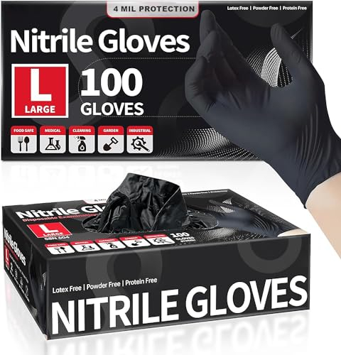 Black Disposable Nitrile Gloves - 100 Count Box - Multipurpose, Powder-Free, and Latex-Free Disposable Gloves for Examination, Cleaning, and Enhanced Strength and Comfort in Black Design (100, LARGE)