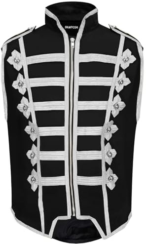 Pamposh Steampunk Hussar Military Drummer Sleeveless Parade Jackets - Emo Punk Mens Jackets - Napoleon Gothic Clothing - Marching Band Jackets (UK, Alpha, XL, Regular, Regular, Black & White)