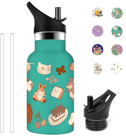 Grsta Gourde Enfant, 350ml Gourde Isotherme, Gourde Enfant Anti Fuite, Sans BPA, Gourde Metal, Facile à Nettoyer, Gourde Personnalisée avec Paille, pour Écoles, Bureaux, Cafés, Vert-Lapin