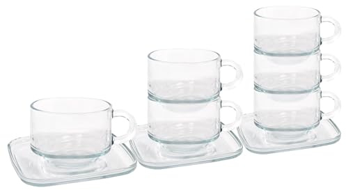 LAV 12pc 270ml Cozy Stapelbares Kaffeetassen- und Untertassenset aus Glas - Klar - Latté Tee Heiße Schokolade Cappuccino Espresso Trinkbecher Gläser Set