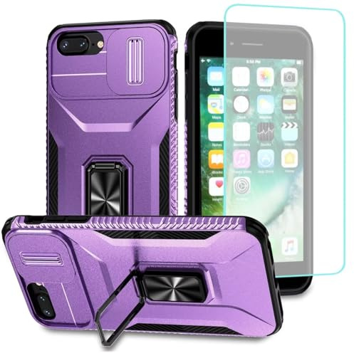 Wanyuexes Hülle für iPhone 7 Plus/8 Plus/für iPhone 6 Plus/6S Plus mit Schutzfolie, Kameraschutz Kartenschlitz, 360° Metall Ring Ständer Stoßfest Handyhülle für iPhone 8 Plus Violett