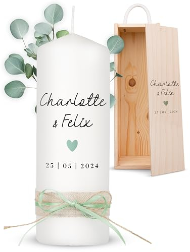 AMARI ® Personalisierte Hochzeitskerze Herz 20/7 cm - Traukerze für Standesamt - Mit Namen und Datum