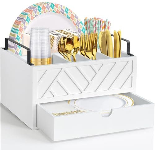 Zecela Organizadores de cubiertos, dispensador de platos de papel blanco con cajón, soporte para platos de papel para encimera de cocina, organizador de utensilios de cubiertos rústico de madera