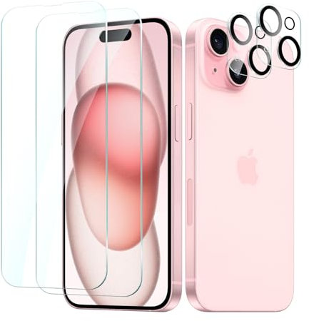 CYYAGE 2+2 Pack for iPhone 15 Screen Protector Tempered Glass with Camera Lens Protector, 9H Hardness Protection Film, Scratch Resistant