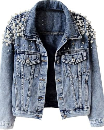 Goolecrimp Kurze Jeansjacke mit Nieten und Perlen für Damen - Elegante Jeansjacke mit Vintage Stickerei - Modische Hip-Hop Punk Biker Jacke (Blau, XXL)