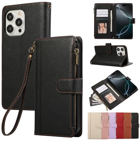 Rosbtib Case for iPhone 16 Pro Leather Case Zip Magnetic Closure Wallet Case with 4 Card Slots Stand Function Retro Cover iPhone 16 Pro 2024, Black