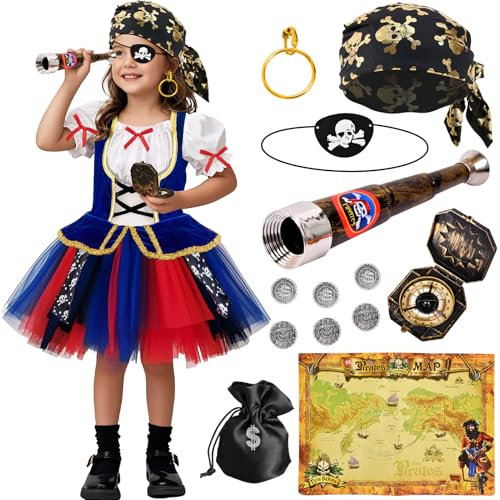 Tacobear Pirate Deguisement Fille Costume Carnaval Enfant Robe Princesse Fille Accessoires Pirate Cache-œil Turban Télescope Cosplay Anniversaire Pirate Déguisement Carnaval Fille (130, 7-8 Ans)