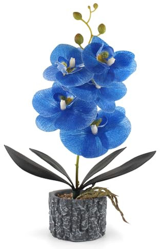 ginojex Orchidea artificiale con vaso di cemento, pianta finta per la composizione di fiori Phalaenopsis per feste, centri espositivi, decorazione per la casa (blu, alta 38,1 cm)