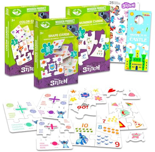 Lilo & Stitch Puzzle-Paare für Kleinkinder – Bündel mit 3 Puzzle-Paaren, Lernkarten mit Farben, Zahlen, Formen und Aufklebern, mehr | Stich-Lernspielzeug für Kinder im Alter von 5–6 Jahren