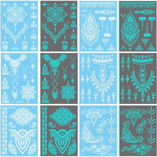 6 Blätter Mandala Blume Temporäre Tattoo, Erwachsene Leuchtende Temporäre Tattoos, Finger Fake Vorlagen India Lotus, Für Frauen,Festival,Tattoos Festival,Klebe Erwachsene.