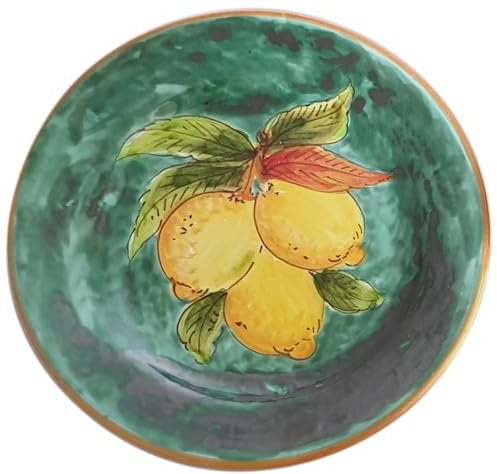 Servizio piatti per 2 persone con limoni in ceramica di Vietri dipinti a mano made in Italy (2 pezzi piatti fondo diametro cm. 25 e 2 pezzi piatti piani diametro cm. 26) (verde ramina e limoni)