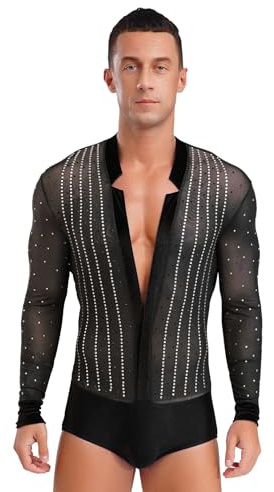 Winnrchan Men One-Piece Sheer Mesh Long Sleeve Latin Dance Shirt Ballroom Dance Leotard Unitard Ballet Dancewear Black Large