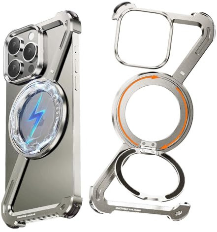 NIFBANG Z Case for iPhone 15 Pro Max Phone Case,Frameless Metal with Magsafe Ring,360°Rotating Magnetic Kickstand Protective Cover,Shockproof Thin Bumper Cases for iPhone 15 Pro Max(Natural Titanium)