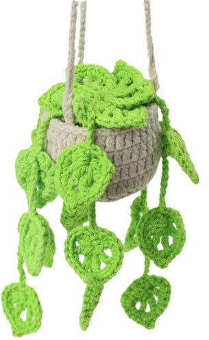 PERSENTU Crochet Hanging Plant for Car, Rear View Mirror Hanging Accessories, Hand Knitted Car Pendant Cute Car Accessories for Women Car Decorations