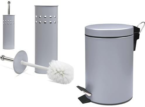 Crystals 3L Small Pedal Bin with Toilet Brush Set – Compact Waste Bin for Bathroom, Kitchen or Toilet, Soft Close Lid & Hygienic Hands-Free Design, Modern Rubbish Bin with Matching Brush Holder Grey