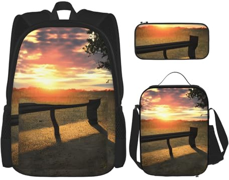 Lonely Bench 3-teiliges Rucksack-Set mit Sonnenuntergang-Druck, Laptop-Tagesrucksack, leichtes Büchertaschen-Set mit Lunchtasche, Federmäppchen