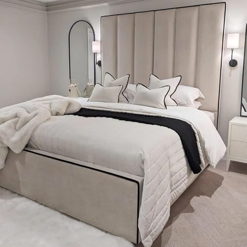 4FT6 Double Bed Hugo Luxury Tall Panelled Headboard With Contrast Piping Upholstered In Plush Velvet Beige Bed - No Storage - No Mattress (Beige Plush, 4FT6 Double - No Mattress - No Storage)