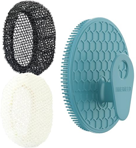 Filet exfoliant africain avec brosse pour le corps en silicone, vert foncé | Gant de douche 2-en-1 en maille à séchage rapide : massage, nettoyage et lissage de la peau – INNERNEED