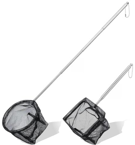 Nogeqi 2 Pcs Small Fish Net for Fish Tank, Small Fishing Net with 15-40 cm Stainless Steel Long Handle Extendable Fine Mesh Fishing Tank Nets Aquarium for Fishes Shrimp Pond Creek, 8/10 cm