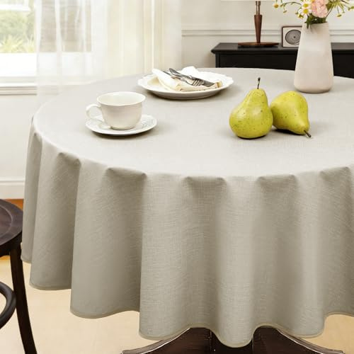 FIBORIA Wachstuch Tischdecken Rund 120 Wachstuchtischdecke Outdoor Wetterfest mit Saum Grün Leinenoptik PVC Gartentischdecke Tablecloth für Frühling,Ostern,Garten,Hochzeit,Geburtstag,naturlinen Beige