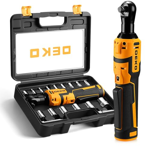 DEKOPRO Juego de Llave de Trinquete Eléctrica Inalámbrica de 3/8'', 19 Piezas, Llave de Trinquete Eléctrica de 8V 30N·m, 450 RPM, Adaptador de Vastago de 1/4'', para Reparación de Coches y Bicicletas