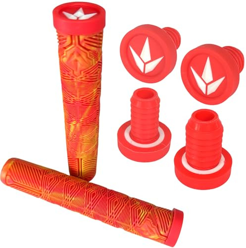 F26 Blunt Stunt-Scooter BMX Dirt Trick Tret Freestyle Roller V3 Hand Griffe Soft lang 160mm mit 2x2 Barends Lenkerstopfen (Rot/Orange/Gelb)