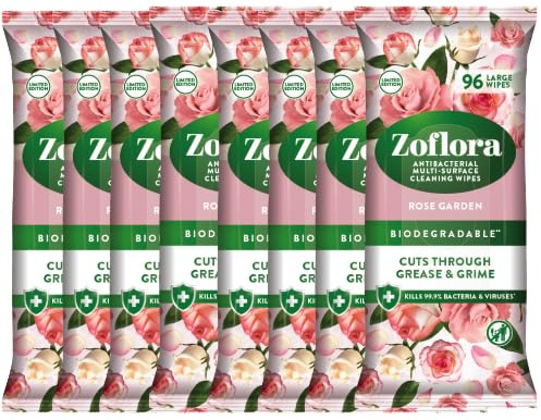 Zoflora Antibacterial Cleaning Wipes Rose Garden 96 Pack Multi Surface Disinfectant Wipes Kill 99% of Bacteria & Viruses Floral Scent (Pack of 8)