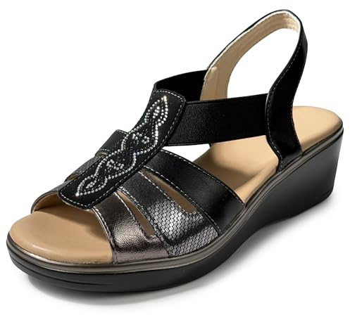 JOMIX Sandali Estivi Donna Comodi con Zeppa 5 cm Sandali Eleganti con Strass Punta Aperta Fasce Elastiche Pianta Larga Antiscivolo Scarpe Donna Anziani per Estate e Uso Quotidiano Nero 38