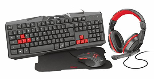 Trust Gaming Ziva Gamer Pack 4 en 1 Clavier AZERTY - Casque Micro - Souris Optique - Tapis de Souris Antidérapant 22 x 30 cm - pour PC, Ordinateur Portable, Windows - Noir/Rouge