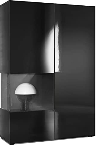 Vladon Vitrine Kommode Hochschrank Morena, Made in Germany, Korpus in Schwarz matt/Rechte Tür und der Einsatz in Schwarz Hochglanz