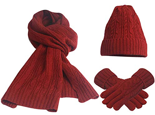 FEOYA Damen Winter Warme Gestrickt Mütze Schal Handschuhe Weich Strickset Wollmütze Geschenkset