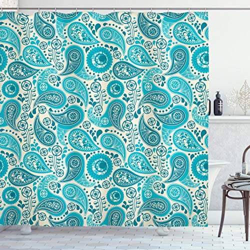 ABAKUHAUS Paisley Duschvorhang, Paisley Blue Flowers, Stoffliches Gewebe Badezimmerdekorationsset mit Haken, 175 x 220 cm, Aqua Teal