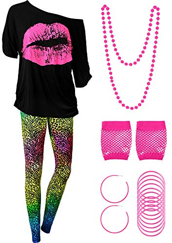 Blulu 80er Jahre Damen Kostüm Set, T Shirt, Legging Hose Ohrring Halskette Handschuhe Armband(Kurz Ärmel Leopard,XL)