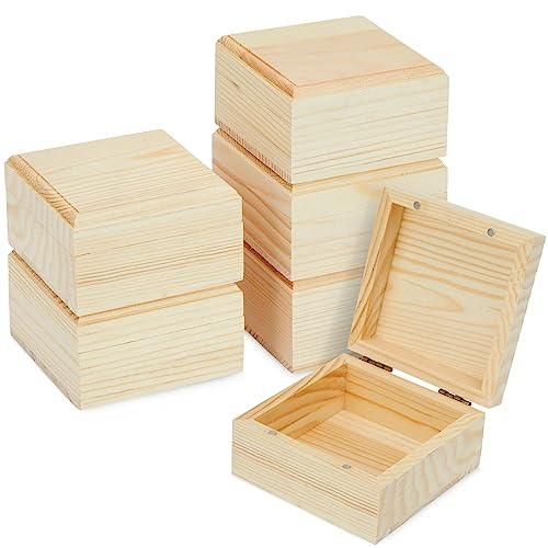 Bright Creations Paquete de 6 cajas de madera sin terminar con tapas con bisagras, pequeñas cajas de madera de pino magnéticas para manualidades y almacenamiento de joyas, cajas de madera sin terminar