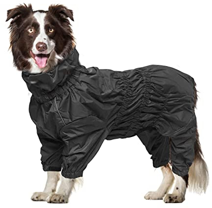 Geyecete -Regenmantel für hunde mit vier Beinen,Hunde Regenjacken Hosenanzug mit Geschirr loch, reflektierender vollwickel elastisch wasserdicht mantel fur Groß mittel und klein hunde-Schwarz-L