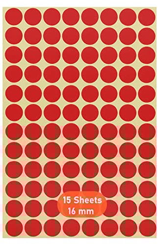BaiJ Runde Punkt Aufkleber,16mm Selbstklebende Punkte 15er Pack Farbige Kreisetiketten Punkt-Aufkleber zum Markieren von Kalendern DVDs Schulbücher Kunsthandwerk 1440 Punkte Rot