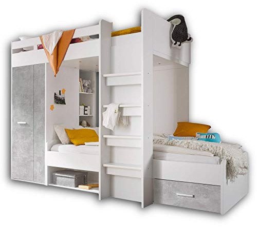 Stella Trading MAXI Hochbett mit Schrank & 2x Liegeflächen 90 x 200 cm - Platzsparendes Kinder Etagenbett in Beton-Optik, weiß - 269 x 180 x 115 cm (B/H/T)