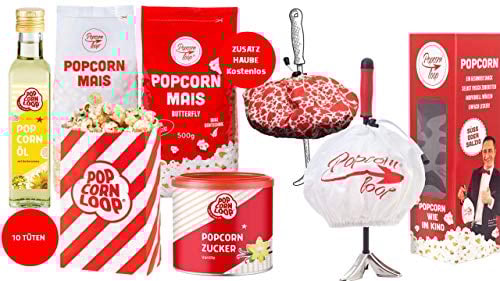 Das Starter Paket Popcornloop Original Popcornmaschine für Popcorn Mais Zuhause Kino Retro Heimkino Popcornmaker Popcornzubereiter Popcorn Maker
