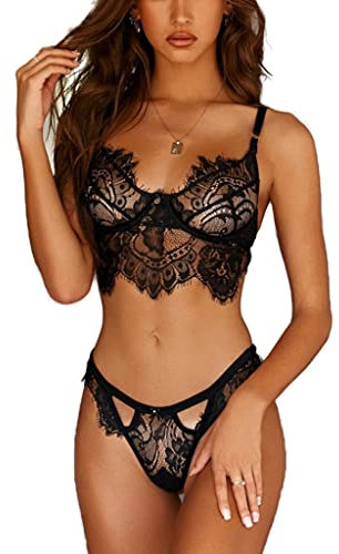 VicSec Ensemble soutien-gorge et culotte sexy pour femme - Ensemble de lingerie érotique romantique en dentelle et maille transparente - Bralette sans armatures, Noir , XL