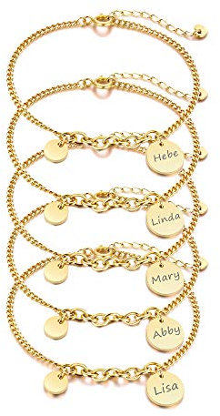 Set mit 5 Gliederarmbändern für Frauen, Kostenlose Gravur Verstellbare Freundschaftsarmbänder Personalisierte Runde Tag BFF Familienmanschette Edelstahlschmuck für Mädchen Schwester, Gold